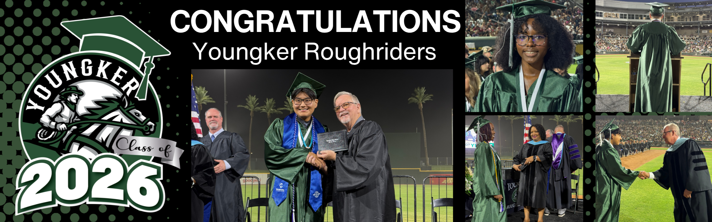 A collage of images with a green border. In the center, a person in a graduation gown receives an award.