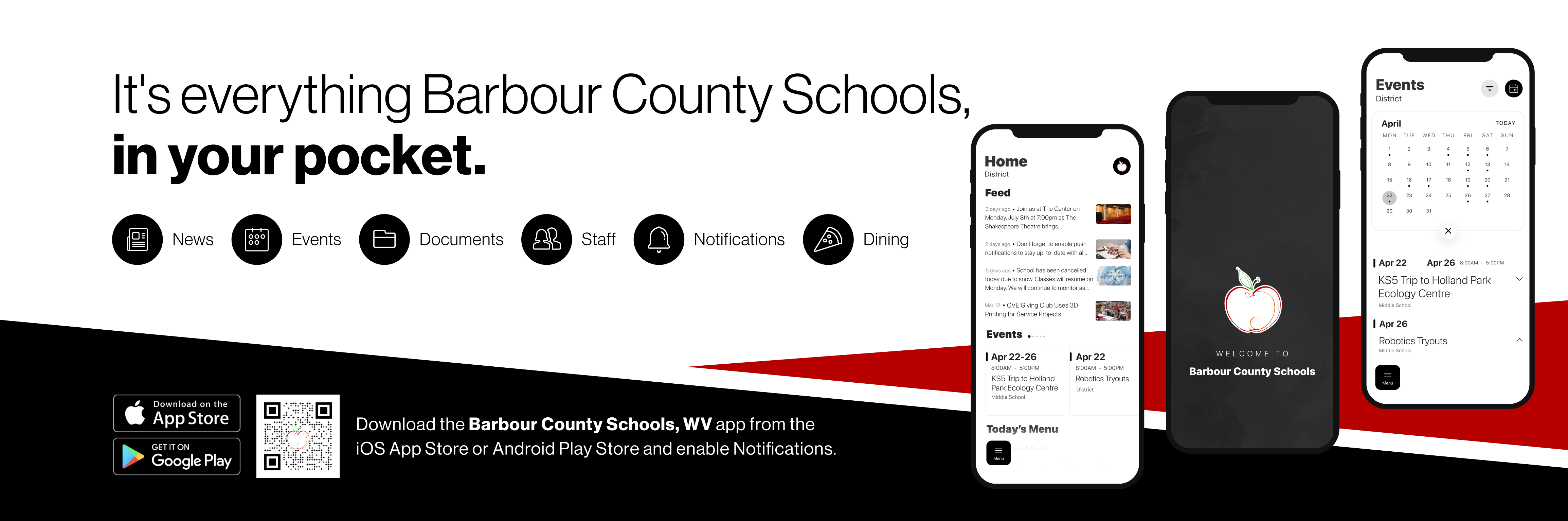 It's everything Barbour County Schools, in your pocket. Download the Barbour County Schools, WV app from teh iOS App Store or Andriod Play Store and enable Notifications. 