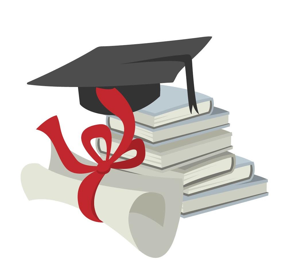 Graduation cap, diploma, and books arranged on a white background, symbolizing academic achievement and success.