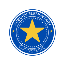 A circular logo featuring a blue background with a yellow star in the center, surrounded by the text 'AUBURN ELEMENTARY COUNSELING' and decorative stars.