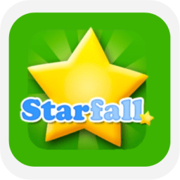 A bright yellow star with a glowing center on a green background, featuring the word 'Starfall' in blue letters below it.