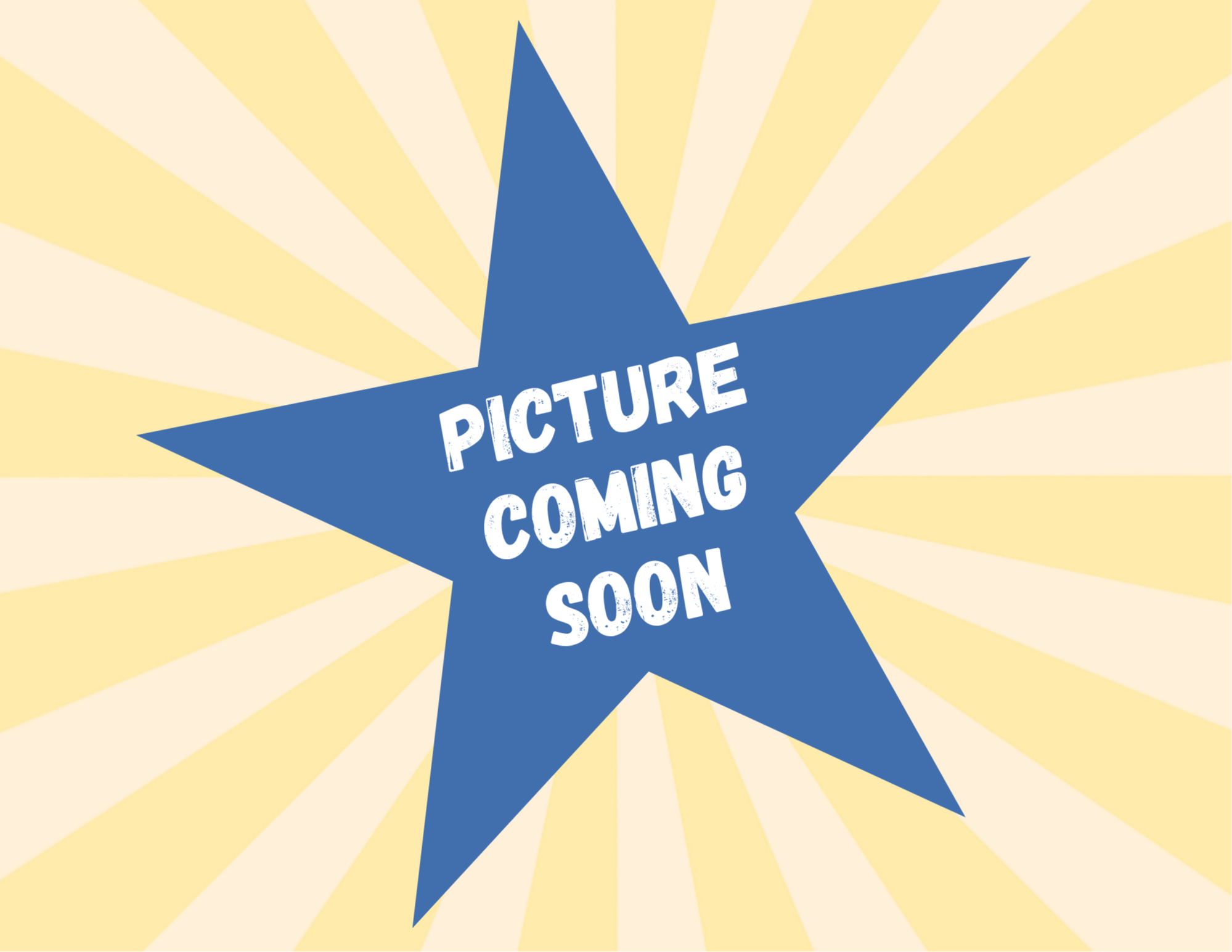 A graphic of a large blue star containing the words 'PICTURE COMING SOON' in distressed white text, set against a retro-style light yellow and cream sunburst background.