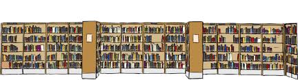 An illustration of a library with multiple tall bookshelves filled with books, arranged in a long row.