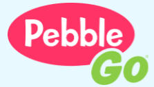 The logo features the words 'Pebble Go' in playful, colorful fonts, with 'Pebble' in white on a red oval background and 'Go' in green.