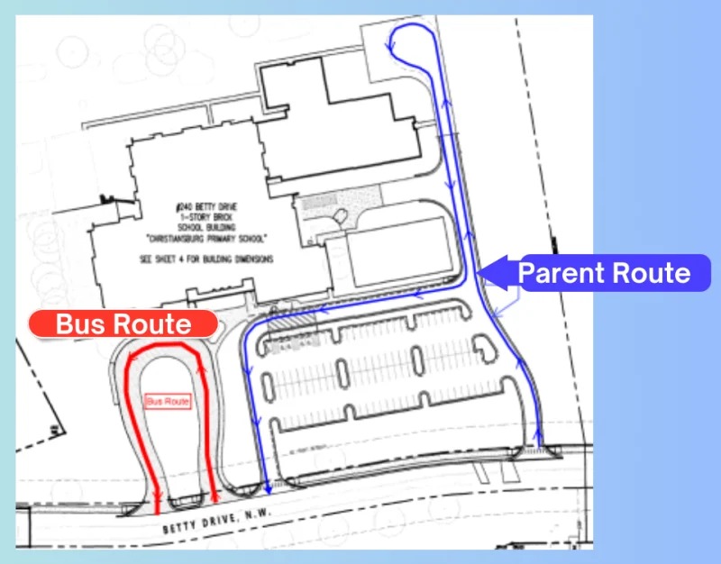 CPS map, shows the route parents take on the road by the school and the busses use