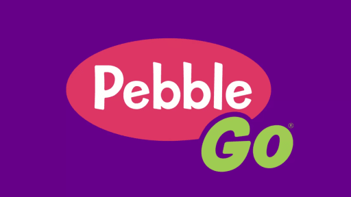 The logo for PebbleGo, featuring the words 'Pebble' in white on a red oval and 'Go' in green, set against a purple background.