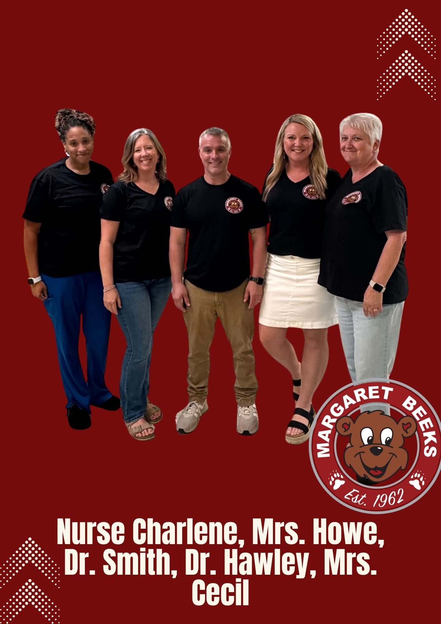A group photo of five school staff members standing and smiling together against a dark red background. The text at the bottom identifies them as Nurse Charlene, Mrs. Howe, Dr. Smith, Dr. Hawley, and Mrs. Cecil. The graphic features white dotted arrow patterns in the corners and the round "Margaret Beeks Est. 1962" bear logo in the bottom right.