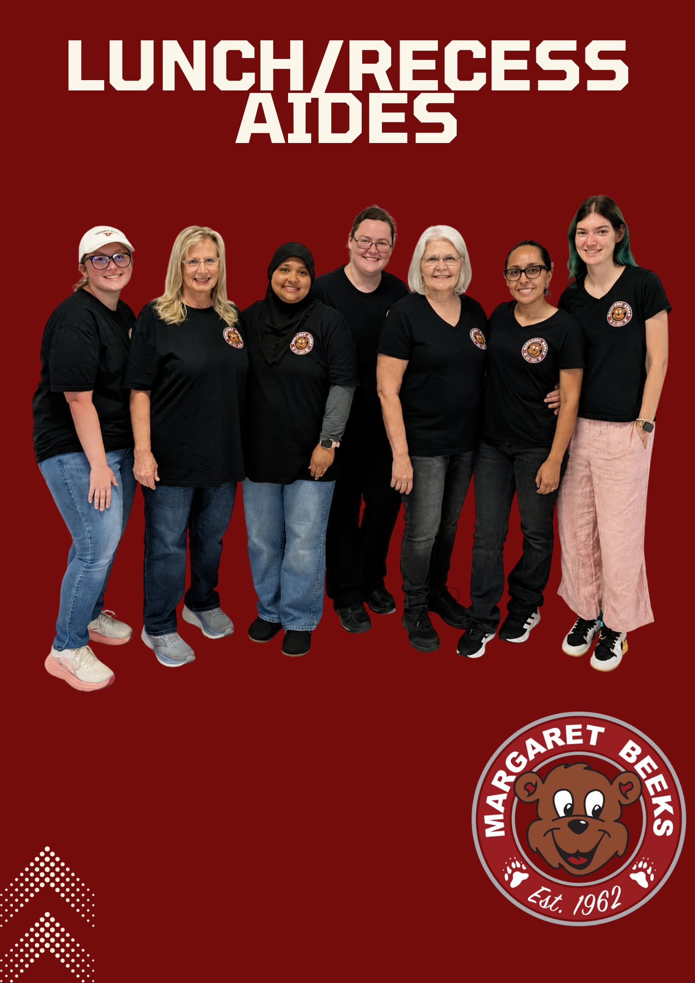 Group photo of seven Margaret Beeks Elementary Lunch and Recess Aides smiling together against a maroon background.
