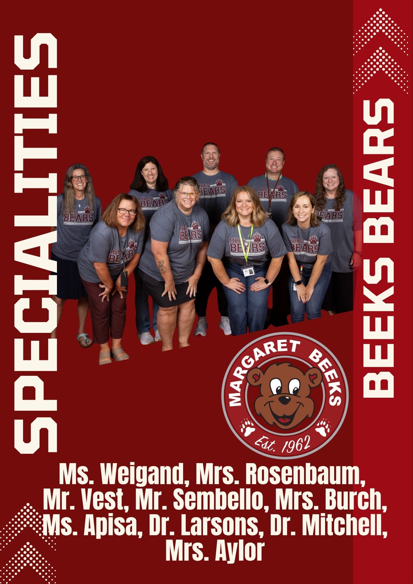 A staff photo graphic for Margaret Beeks Elementary titled "Specialities Beeks Bears," featuring nine staff members in matching grey "MBES Bears" t-shirts on a maroon background. Below the photo, names are listed: Ms. Weigand, Mrs. Rosenbaum, Mr. Vest, Mr. Sembello, Mrs. Burch, Ms. Apisa, Dr. Larsons, Dr. Mitchell, and Mrs. Aylor. The school logo is displayed on the bottom right.