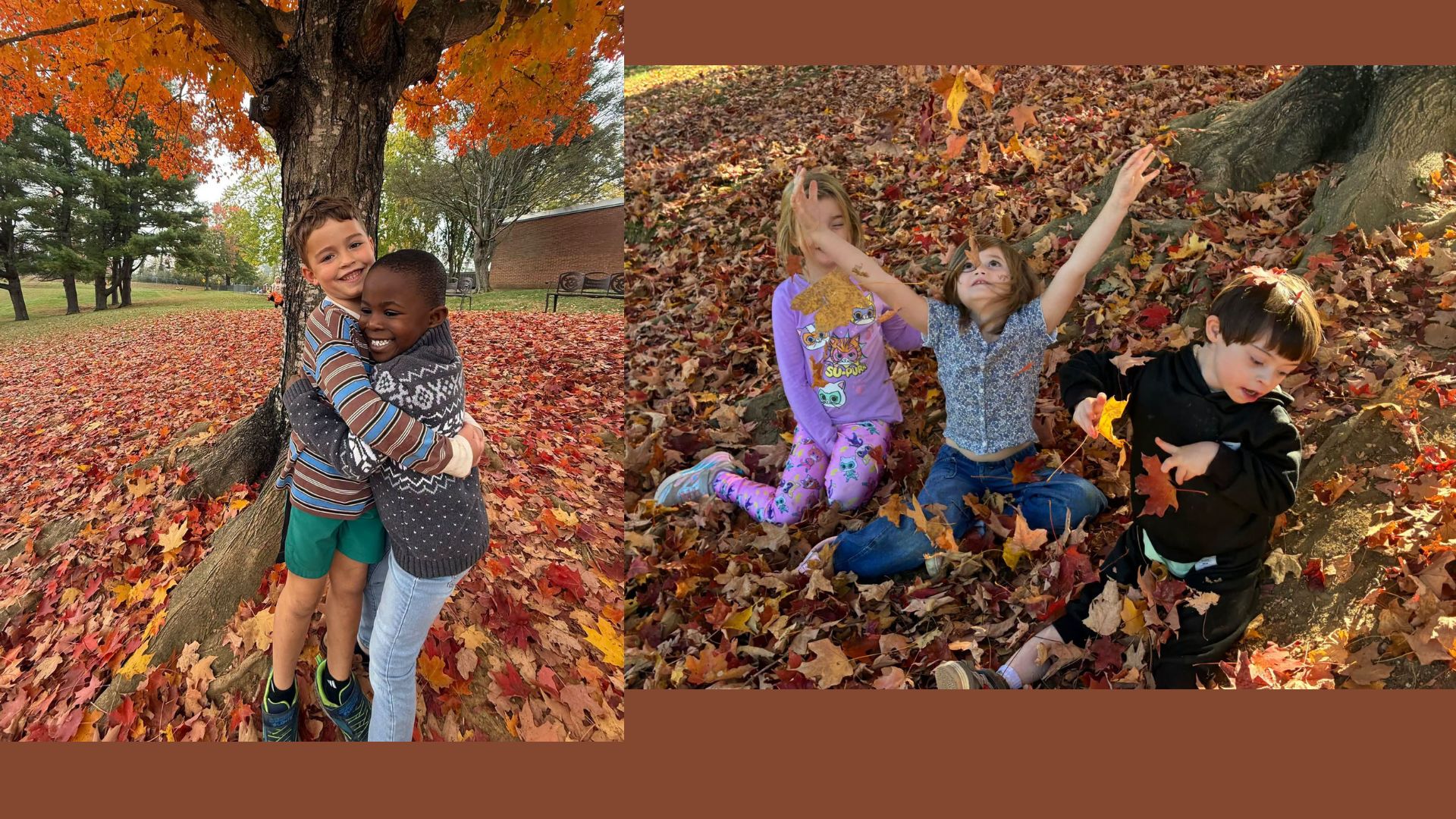 A side-by-side photo collage of children playing outdoors in autumn foliage. On the left, two young boys share a warm hug under a tree. On the right, three children sit in a large pile of colorful fallen leaves while tossing them into the air.