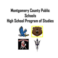 A graphic featuring the text 'Montgomery County Public Schools High School Program of Studies' along with four school mascots: a blue bird, a bear, a knight, and a trident symbol.