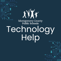 A graphic featuring the text 'Technology Help' with the logo of Montgomery County Public Schools, surrounded by circuit-like designs on a dark blue background.