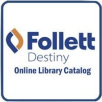 Logo for Follett Destiny, an online library catalog, featuring the name 'Follett Destiny' and the tagline 'Online Library Catalog' in a modern font.