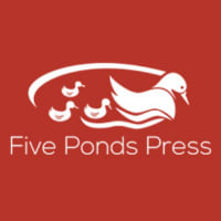 A logo featuring a stylized duck and three smaller ducks, with the text 'Five Ponds Press' below, all set against a red background.
