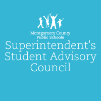 A logo for the Superintendent's Student Advisory Council of Montgomery County Public Schools, featuring a blue background with white text and silhouettes of children.