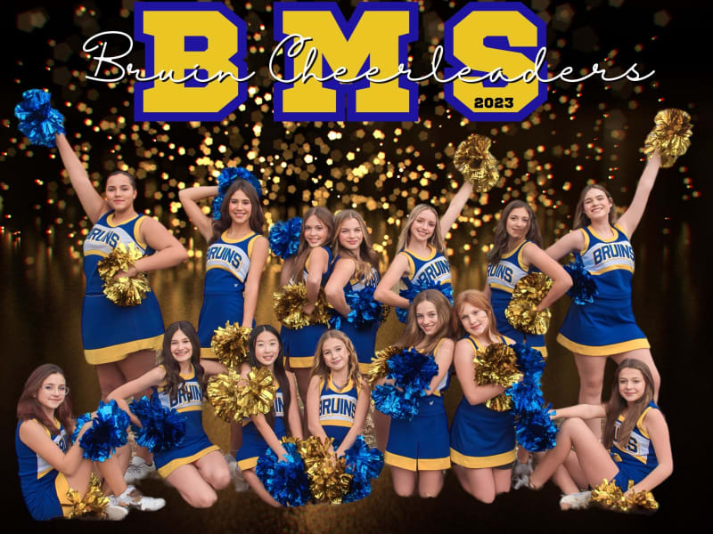A group of cheerleaders in blue and gold uniforms pose together with pom-poms in front of a sparkling background, featuring the text 'BMS 2023'.