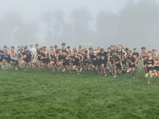 A group of young athletes in black and orange uniforms running in a cross-country race through a foggy field.