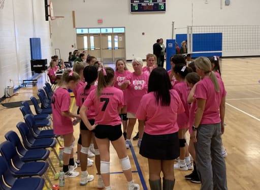 A group of young female volleyball players in pink shirts huddle together, listening to a coach in a gymnasium with volleyball nets in the background.