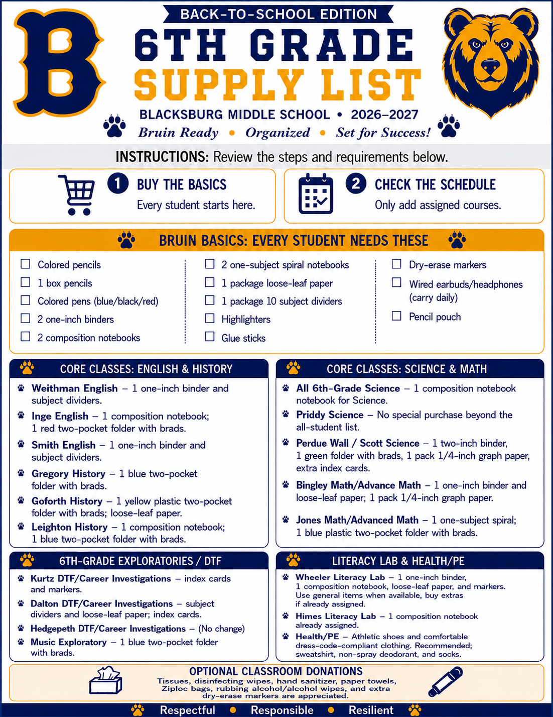 6th grade supply list