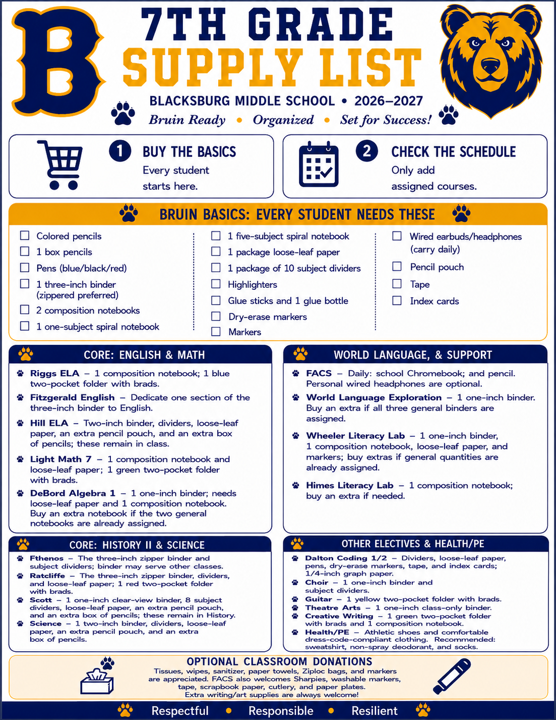 7th grade supply list