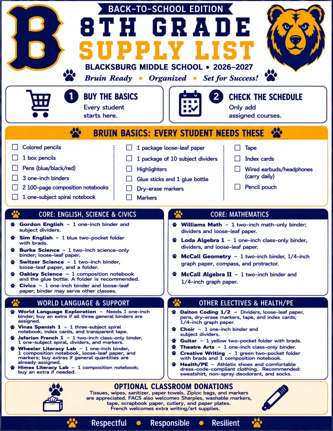 8th grade supply list