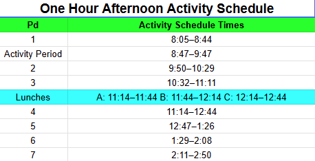 One Hour Afternoon Activity Schedule