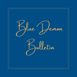 A graphic featuring the text 'Blue Demon Bulletin' in elegant cursive font, set against a blue background with a gold outline.