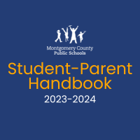 Cover of the Student-Parent Handbook for Montgomery County Public Schools for the academic year 2023-2024, featuring a blue background with white and yellow text.