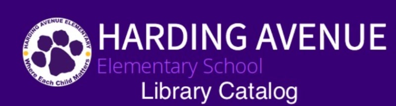 A graphic featuring the text 'HARDING AVENUE Elementary School Library Catalog' on a purple background, accompanied by a paw print logo.