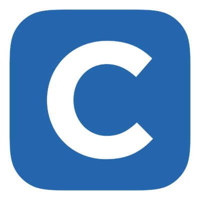 A blue square icon featuring a large white letter 'C' in the center.