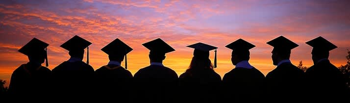 Silhouettes of graduates wearing caps and gowns against a colorful sunset sky.
