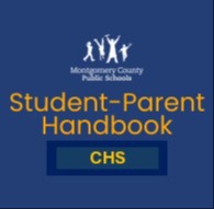 Cover of the Student-Parent Handbook for Montgomery County Public Schools for the academic year 2023-2024, featuring a blue background with white and yellow text.