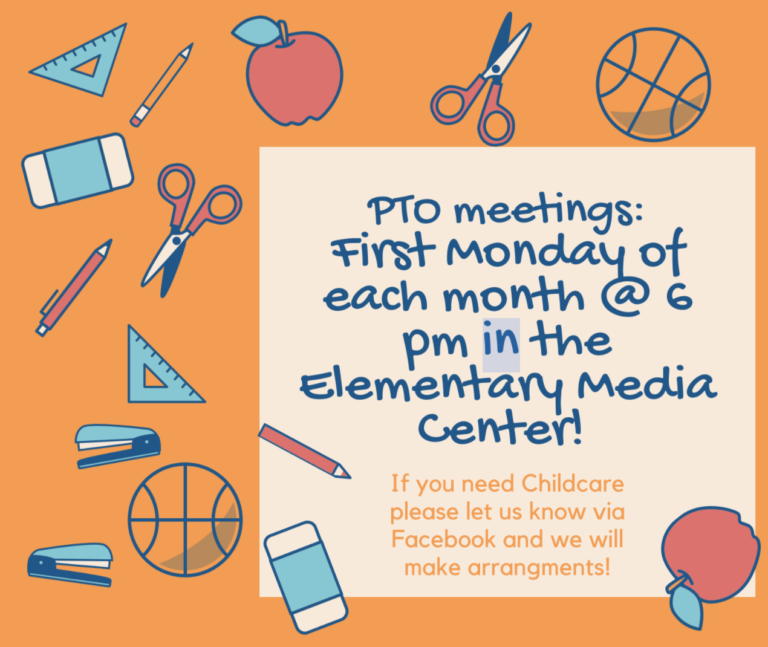  PTO meetings held on the first Monday of each month at the elementary media center for parents and teachers.