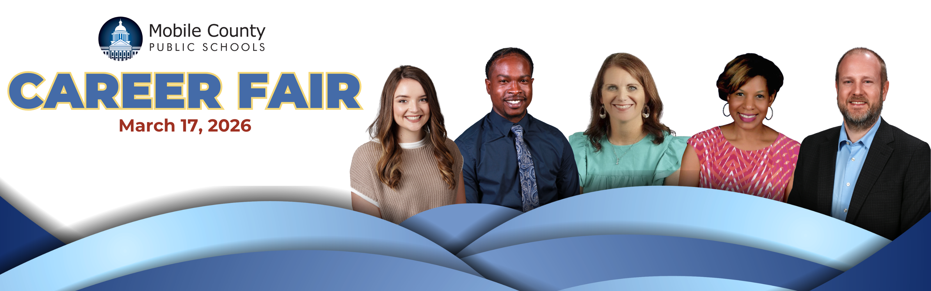Mobile County Public Schools Career Fair banner with staff portraits and date March 17, 2026.