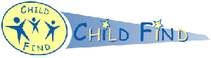 Child Find logo featuring a stylized image of a child with a magnifying glass, symbolizing the search for children in need.