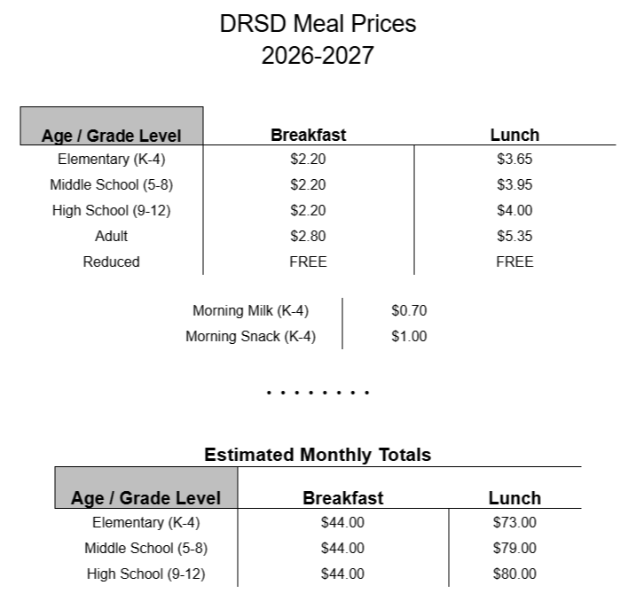 26-27 School Meal Prices for all School