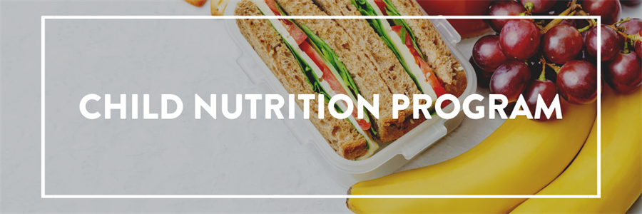A banner with the text "CHILD NUTRITION PROGRAM" in bold white letters, framed by a white rectangular border. The background features a healthy meal, including a sandwich with whole-grain bread, lettuce, tomato, and cucumber in a lunch container, alongside fresh bananas and red grapes.