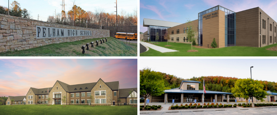 Four distinct images showcasing various buildings alongside a school, highlighting architectural diversity and educational environments.