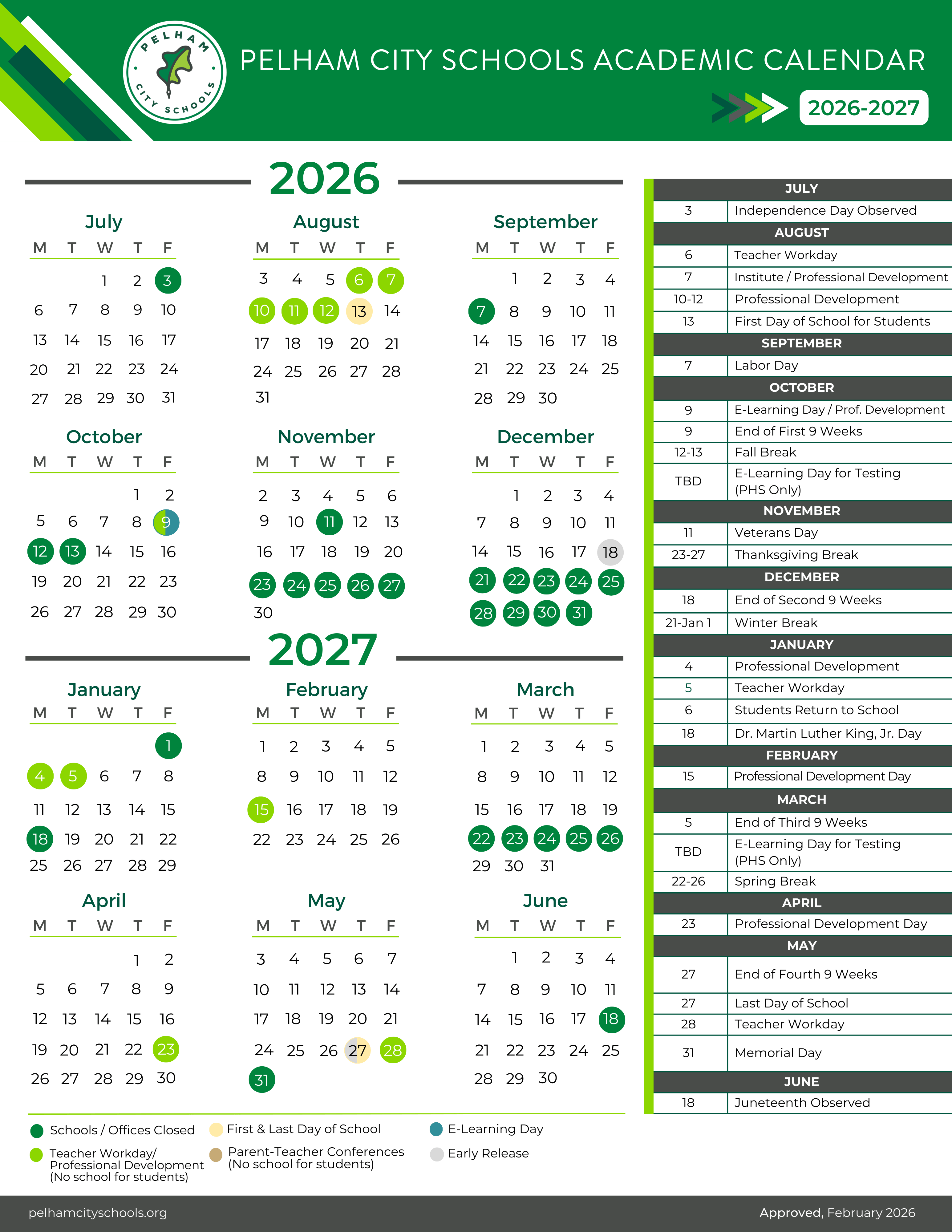 Pelham City Schools Academic Calendar 2026-2027