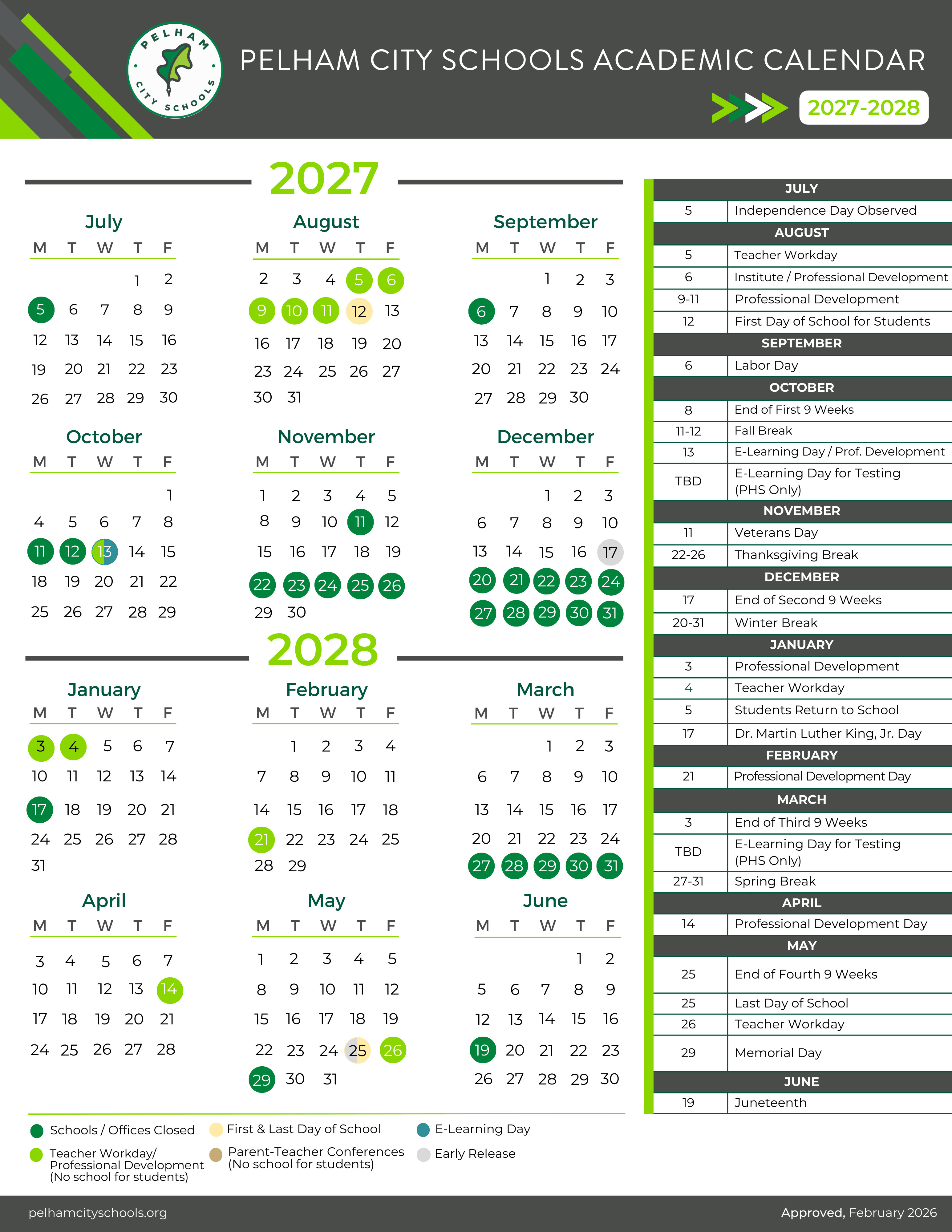 Pelham City Schools Academic Calendar 2027-2028