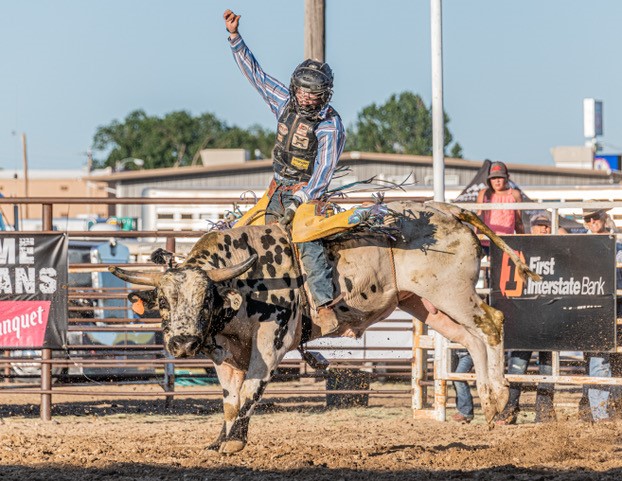 A man skillfully rides a bull during a thrilling rodeo event, showcasing his bravery and expertise in the arena.