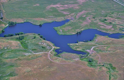 Aerial view showcasing a vast lake surrounded by a lush, green grassy field under a clear blue sky.