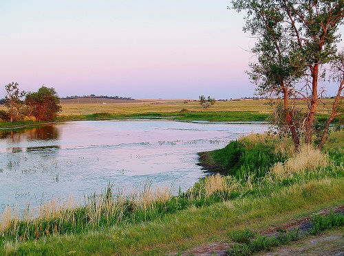 A serene river flows through a lush grassy field, illuminated by the soft hues of dusk.