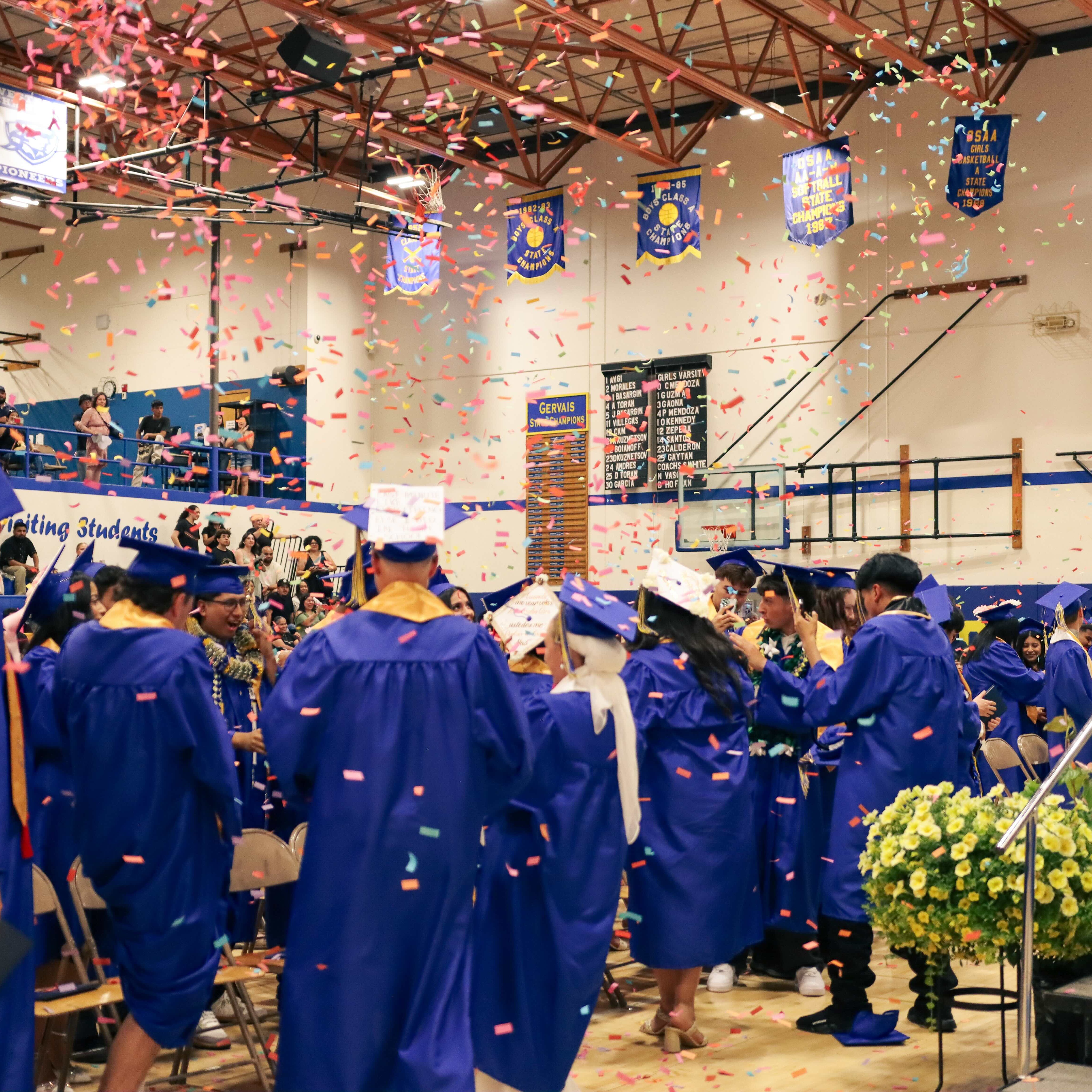 confetti falling on high school grads