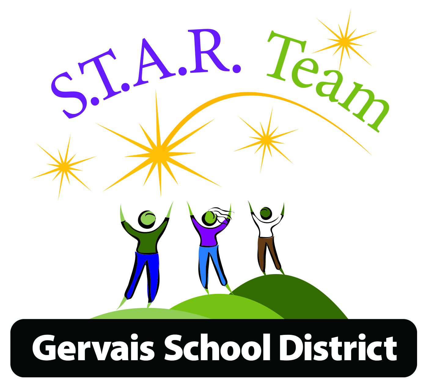 young people on a hill labeled Gervais School District reaching upward toward stars and the text "S.T.A.R. Team"