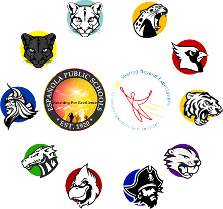 A collage of animal mascots and logos representing Espanola Public Schools, featuring various stylized animal heads and the school's emblem in the center.