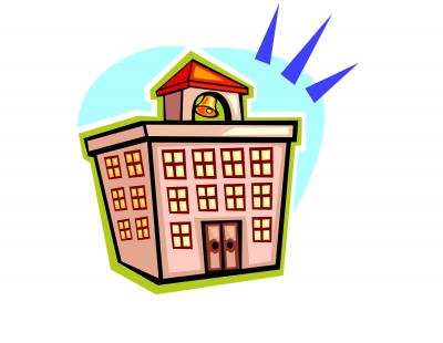 A colorful, cartoon-style illustration of a school building with multiple windows, a red triangular roof, and a bell tower on top. The building is outlined in bold colors with a slight 3D perspective. Blue exclamation-like marks are positioned above the roof, suggesting excitement or attention. The background includes a light blue shape, adding visual contrast.