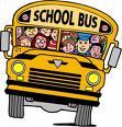 A cartoon-style illustration of a bright yellow school bus filled with happy children and a smiling bus driver. The front of the bus has large round headlights and the words "SCHOOL BUS" written in bold black letters above the windshield. The children inside the bus are diverse, with different hairstyles and facial expressions, conveying excitement and joy. The image is drawn in a fun, exaggerated style with bold outlines and vibrant colors.