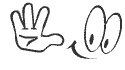 A simple black-and-white cartoon drawing of a hand with three fingers extended, accompanied by a pair of large, expressive eyes looking downward and a curved arrow pointing in the same direction.