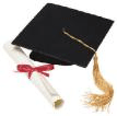 A black graduation cap with a gold tassel next to a rolled diploma tied with a red ribbon.